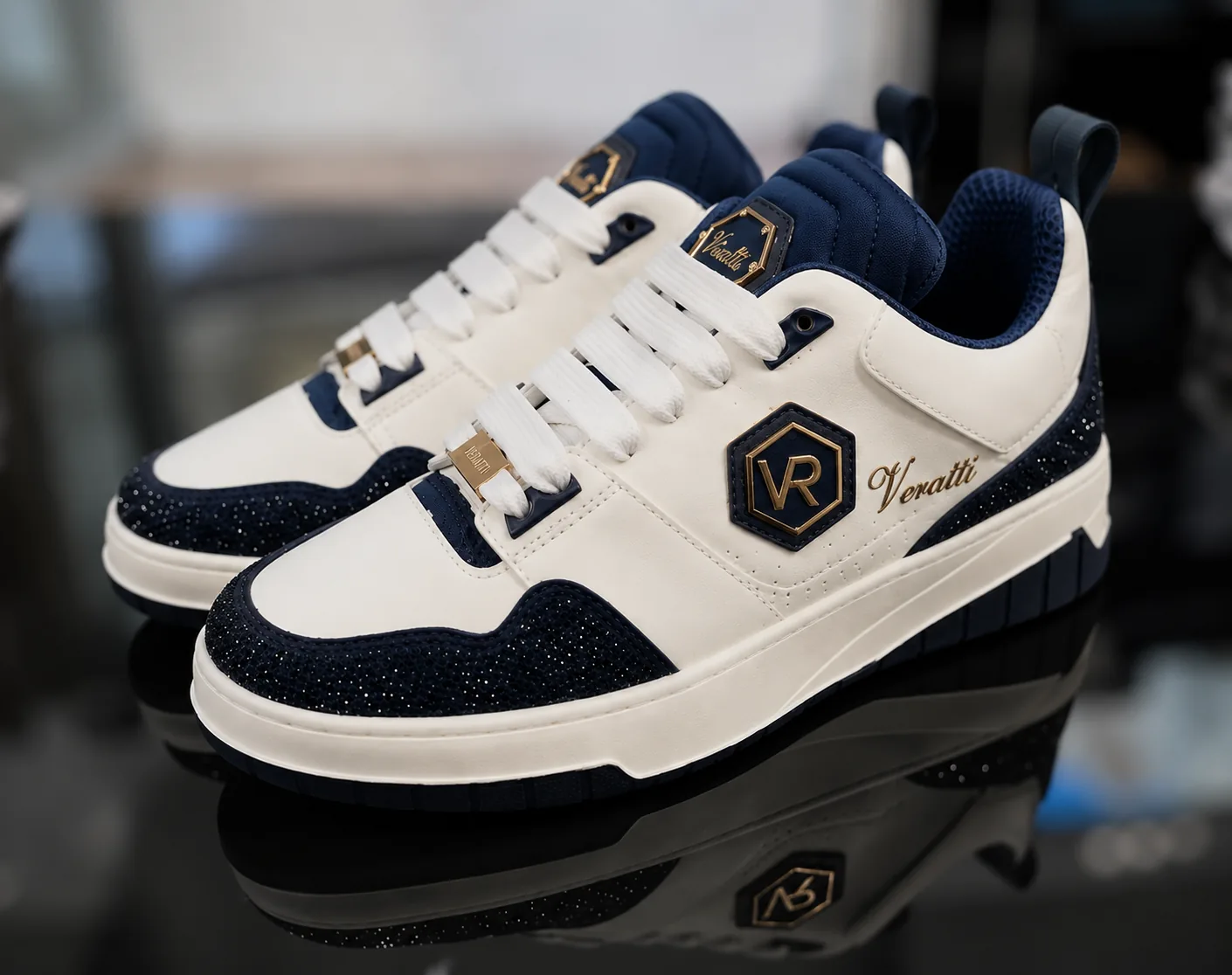 White and navy VERATTI sneakers with gold details